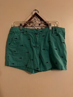 Cambridge Dry Goods Teal Cotton Shorts with Navy Shark Embroidery